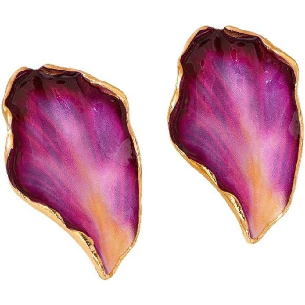 Blue Colorful Chunky Flower Leaf Earrings | Big Enamel Statement Dangles - Picture 7 of 7